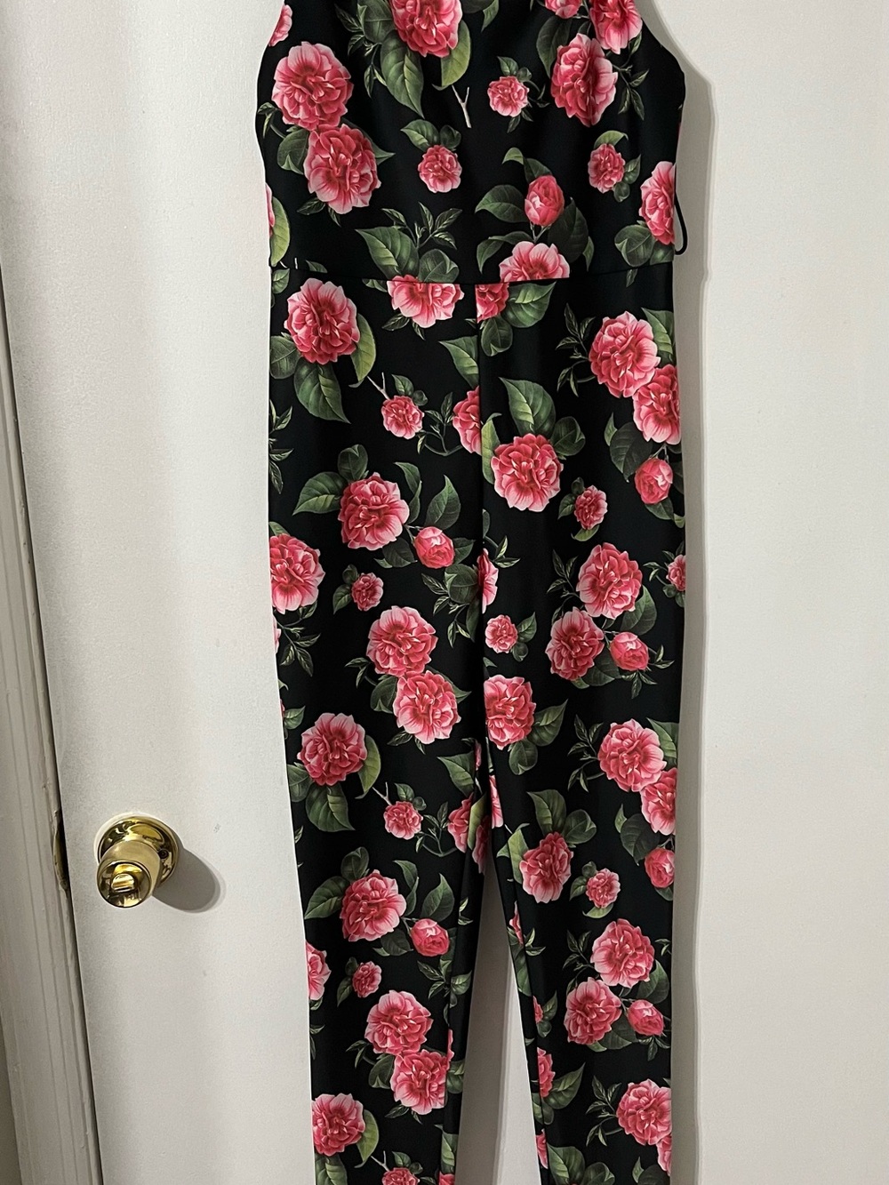 Alice + Olivia Black Floral Halter Jumpsuit with Pink Roses